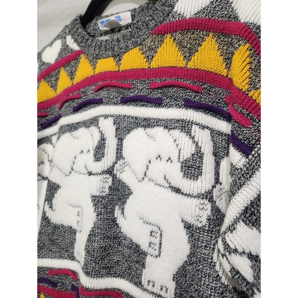 80's ROSE Acrylic Dancing Elephants & Hearts Chunky Knit Acrylic Sweater Medium - Picture 4 of 8